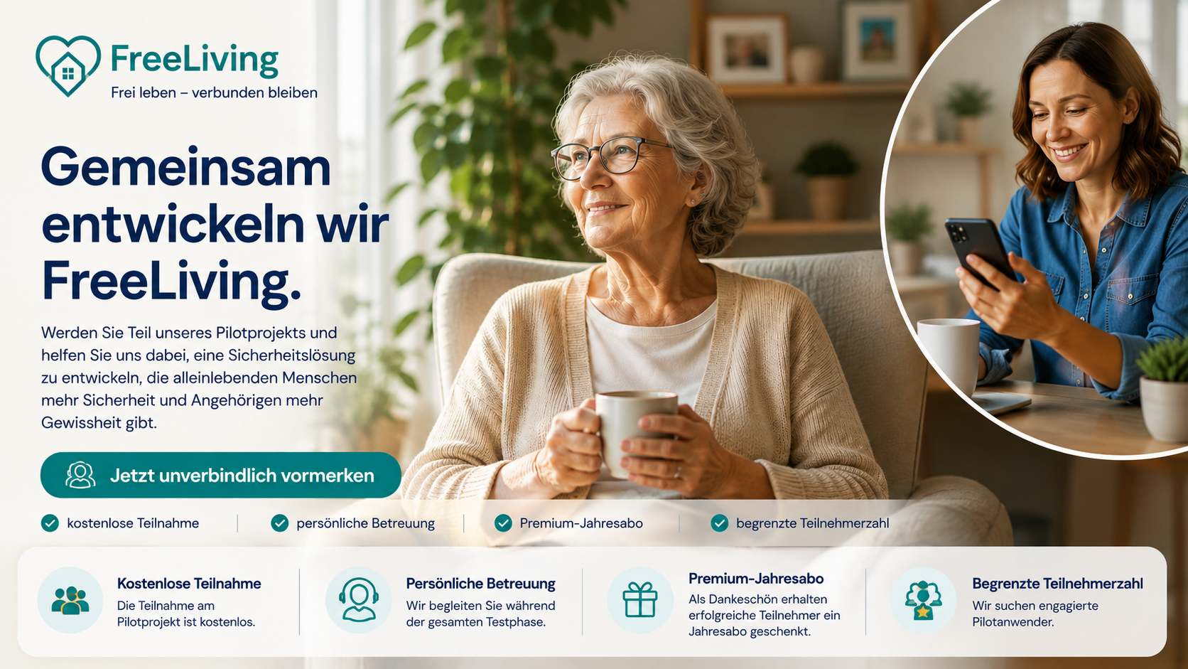 Ältere Frau in ihrem Wohnzimmer und Angehörige mit Smartphone – FreeLiving Pilotprojekt