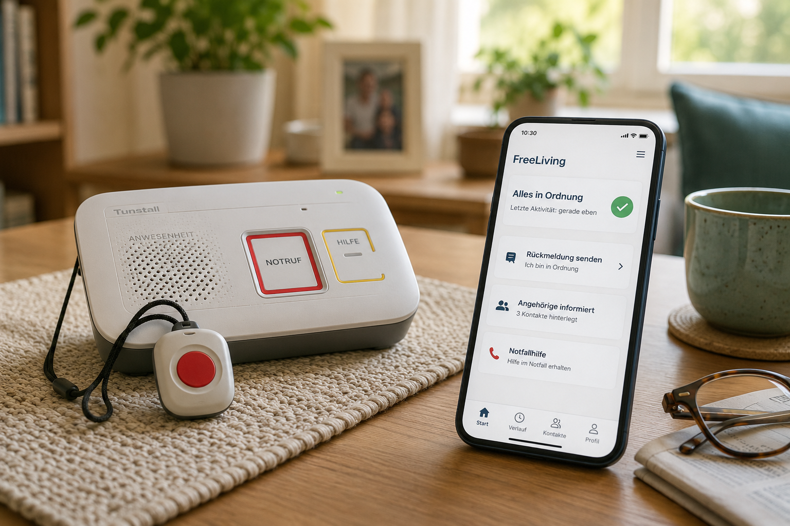 Hausnotruf-Base-Station und FreeLiving-App auf einem Smartphone in heller Wohnung