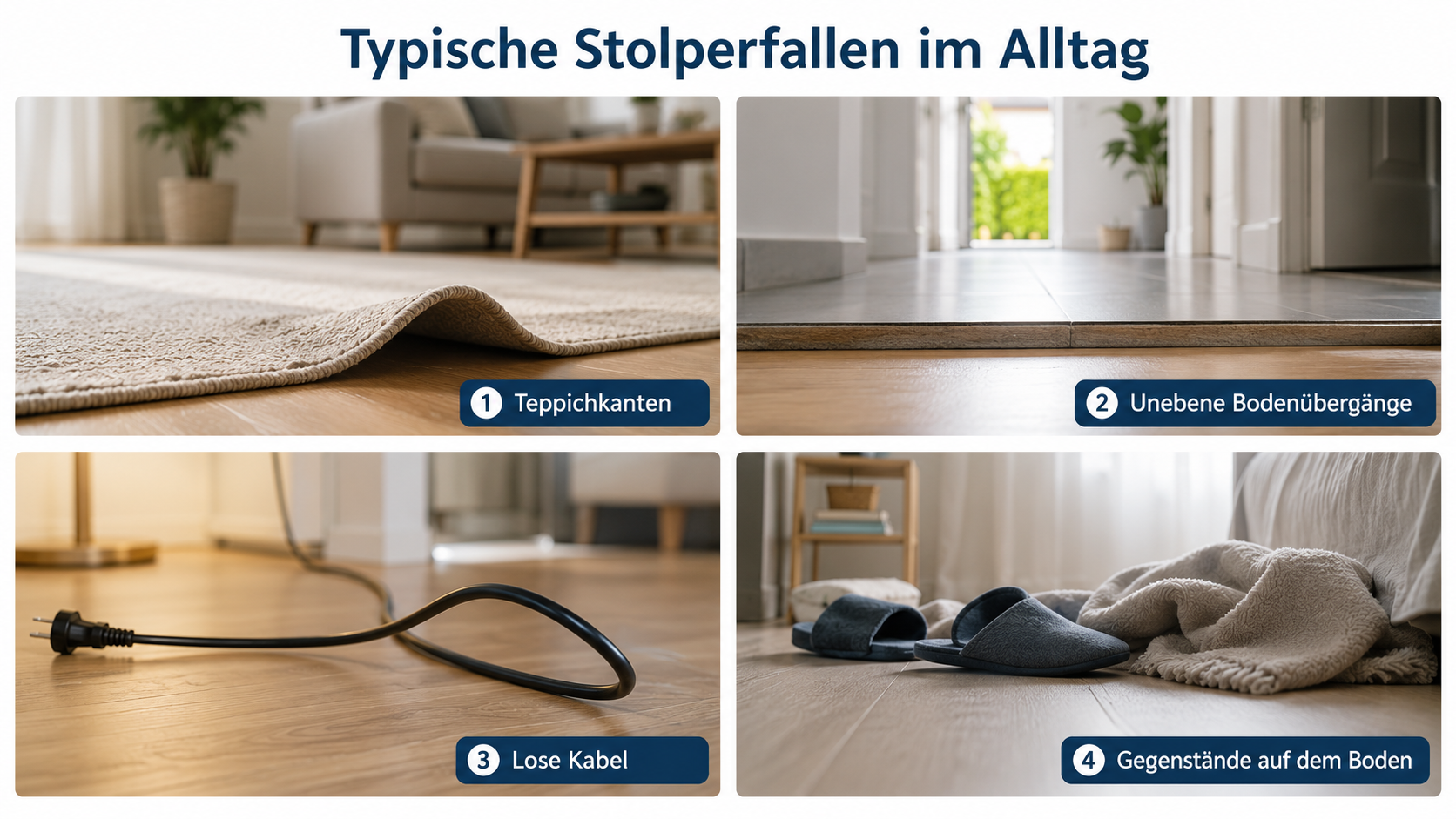 Infografik mit typischen Stolperfallen im Haushalt wie Teppichkanten, Kabel und Bodenübergänge.