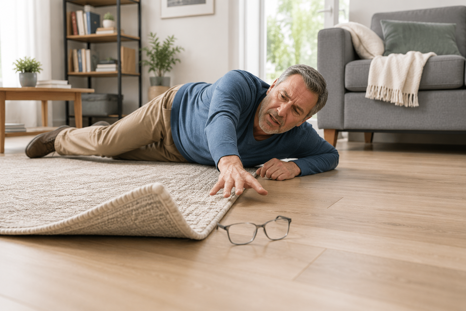 Senior liegt nach einem Sturz im Wohnzimmer auf dem Boden neben einer hochgerollten Teppichkante.