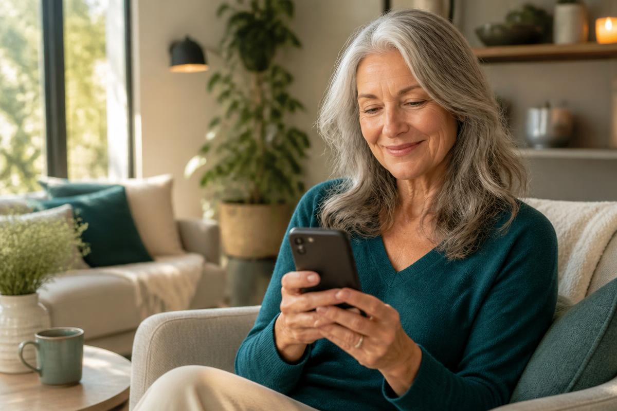 Eine lächelnde Frau sitzt zuhause in einem gemütlichen Wohnzimmer und blickt auf ihr Smartphone.