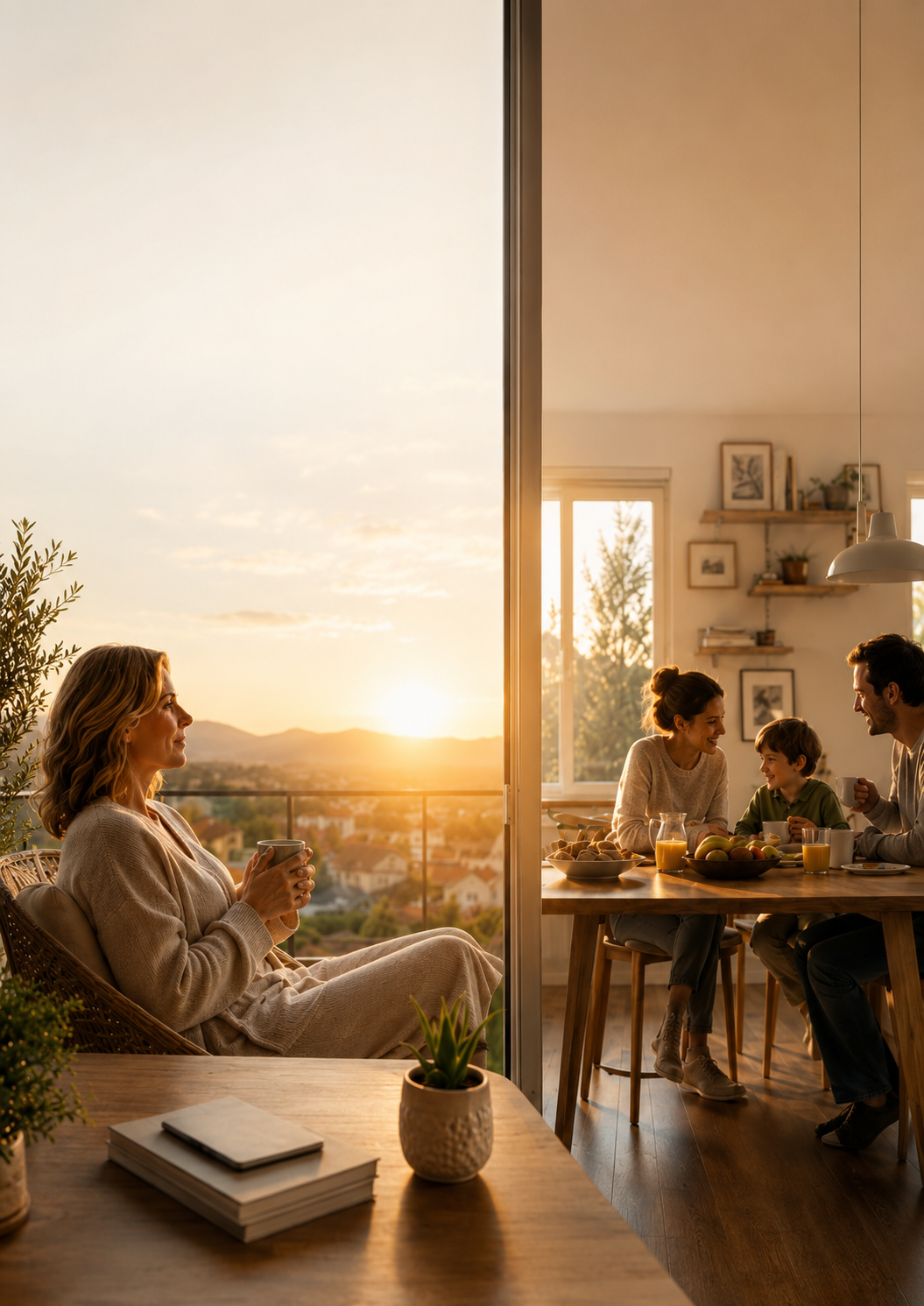 Frau auf dem Balkon neben einer Familie im Wohnraum