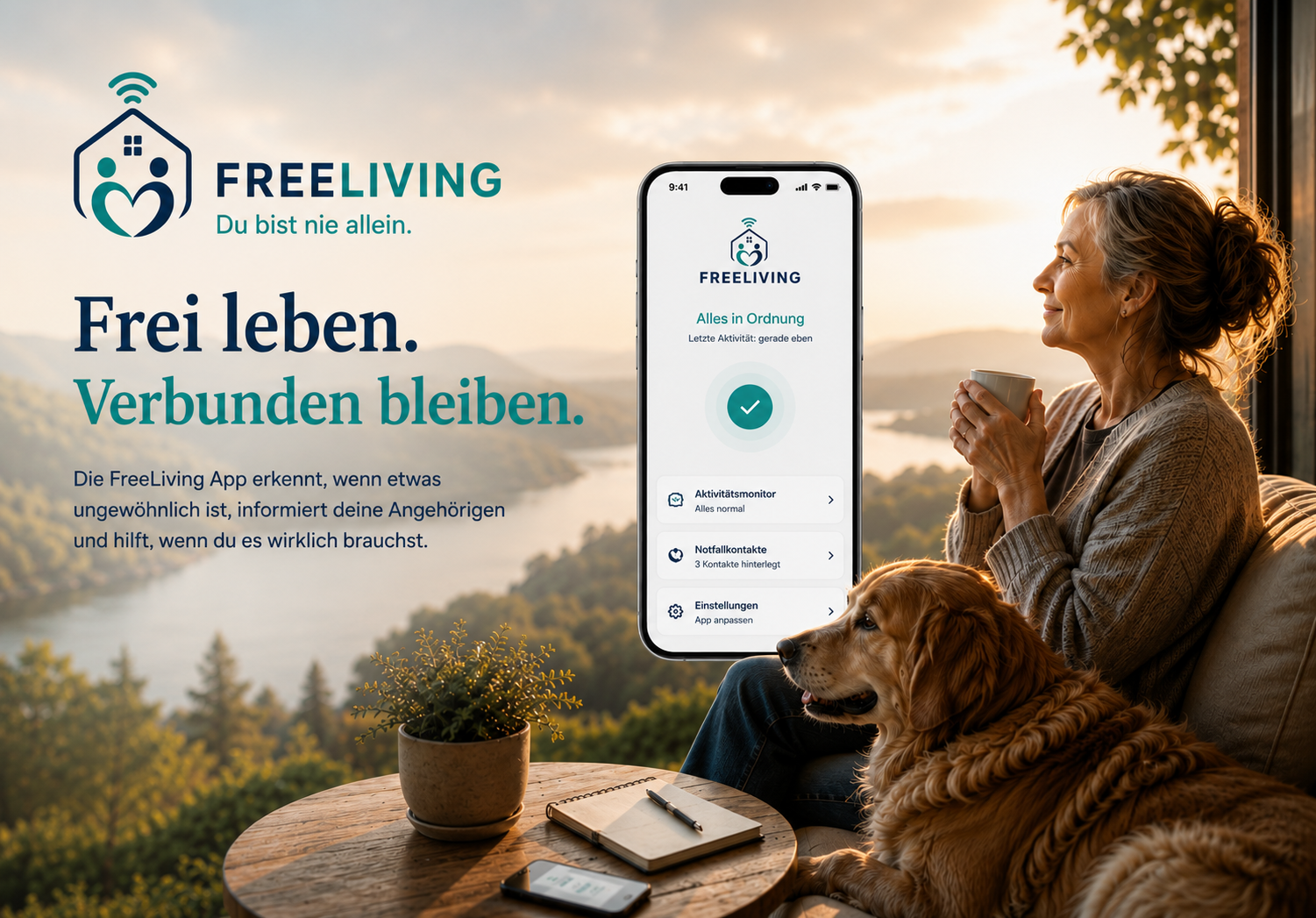 Frau mit Hund und Smartphone mit FreeLiving App
